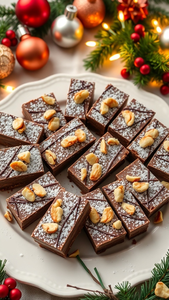 Christmas Aesthetic Quadrat Recipe A festive plate of chocolate quadrat squares topped with nuts and powdered sugar, surrounded by Christmas decorations.